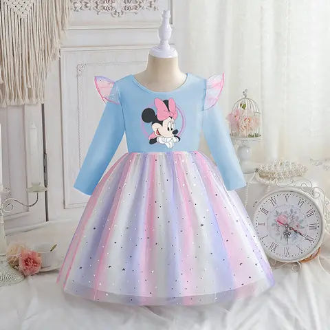 Rainbow Minnie Princess Dress Disney Baby Girls Dress Spring Long-sleeved For Children Kids Clothes Birthday Party Daisy Dress