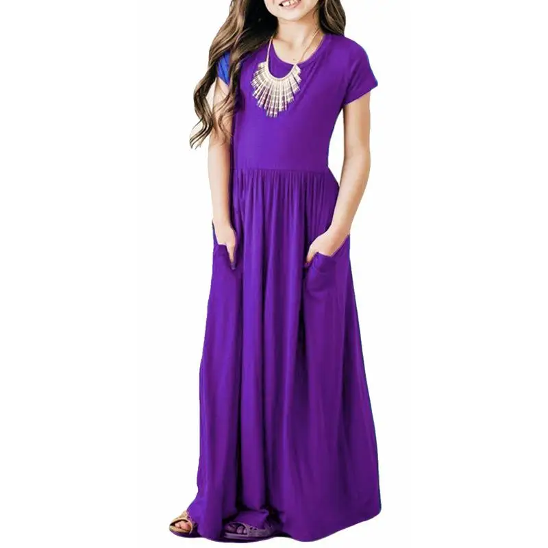 Sommer Mädchen Neue Einfarbig Kurzarm Langes Kleid Strand Party Geburtstag Casual Mode Zeigen Vielseitig A-Line Kleid – Detail 8