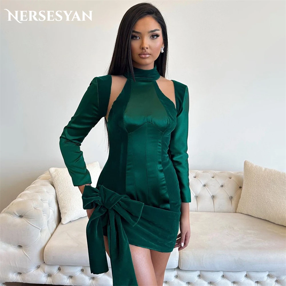 

Nersesyan Green Sexy Cocktail Party Gowns High Neck Bow Mini Cap Sleeves Evening Dress Pleats Homecoming Pageant Prom Dress 2024