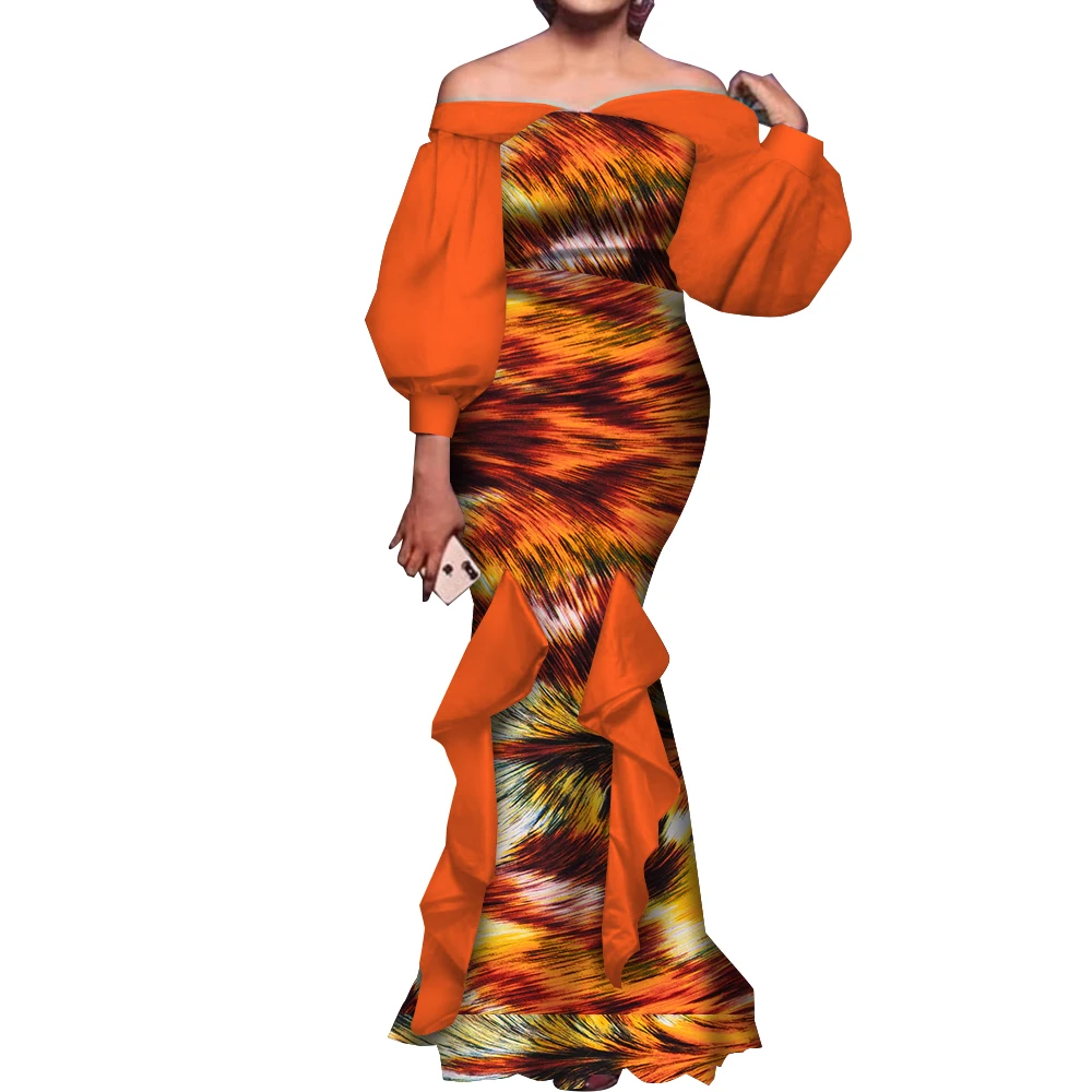 Fashion Women Ankara Dresses Flash Neck Puff Sleeve Long Dress African Dress Robe Africaine Femme Evening Mermaid Dress WY1848