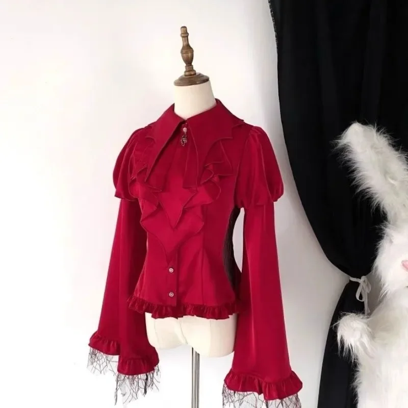 ビクトリア朝のヴィンテージロリータスタイルシャツ女性カジュアルゴシックメッシュランタンスリーブスリムブラウス女性 Y2k 美的かわいいトップス Blusas