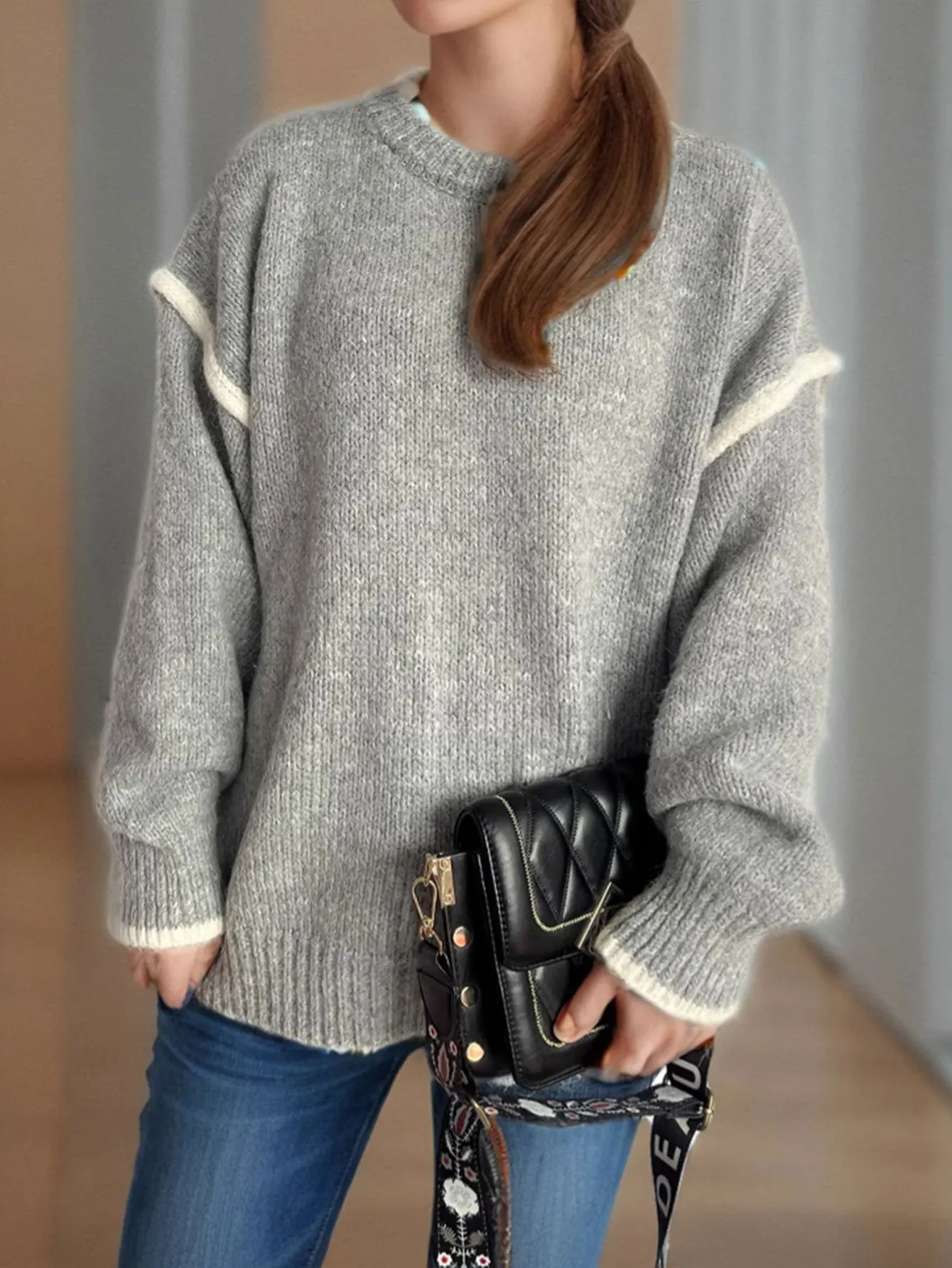 

Женский осенне-зимний свитер с длинными рукавами и круглым вырезом, однотонный, повседневный, базовый крой