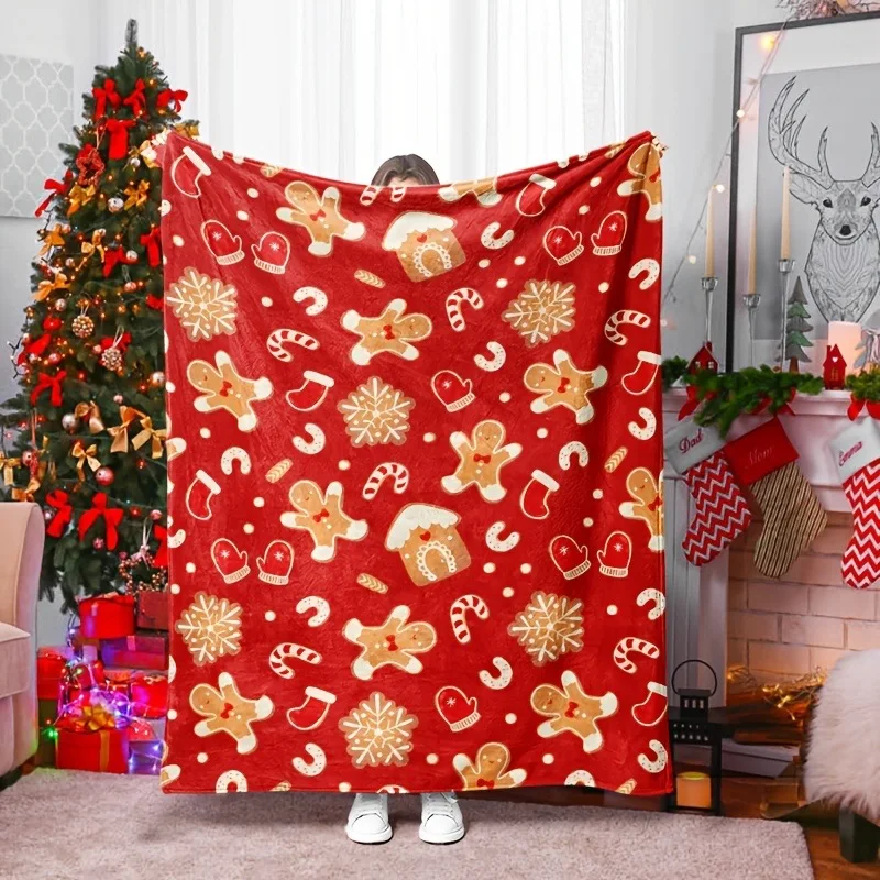 1 Stück gemütliche Flanell-Überwurfdecke mit Weihnachts-Lebkuchen-Aufdruck – leichte, ganzjährige, weiche Wärme für das Schlafsofa