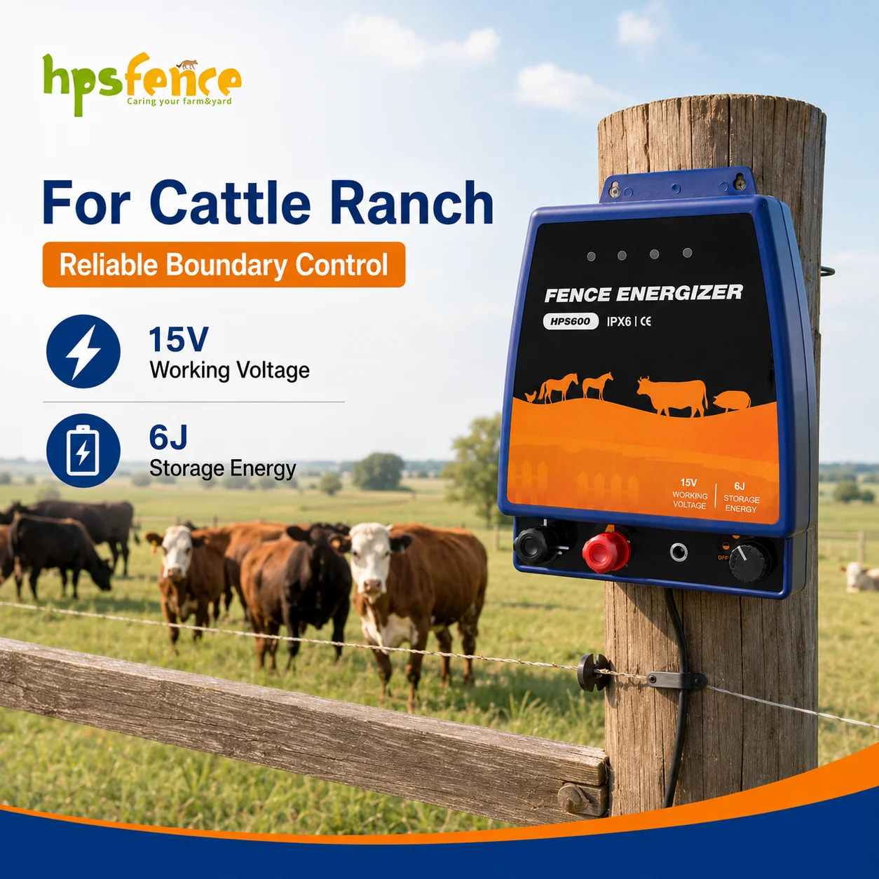 HPS600 Electric Fence Charger 15V 6J IPX6 CE Farm Fence Energizer for Cattle Sheep Goat Horse Pig Use Tool Kit