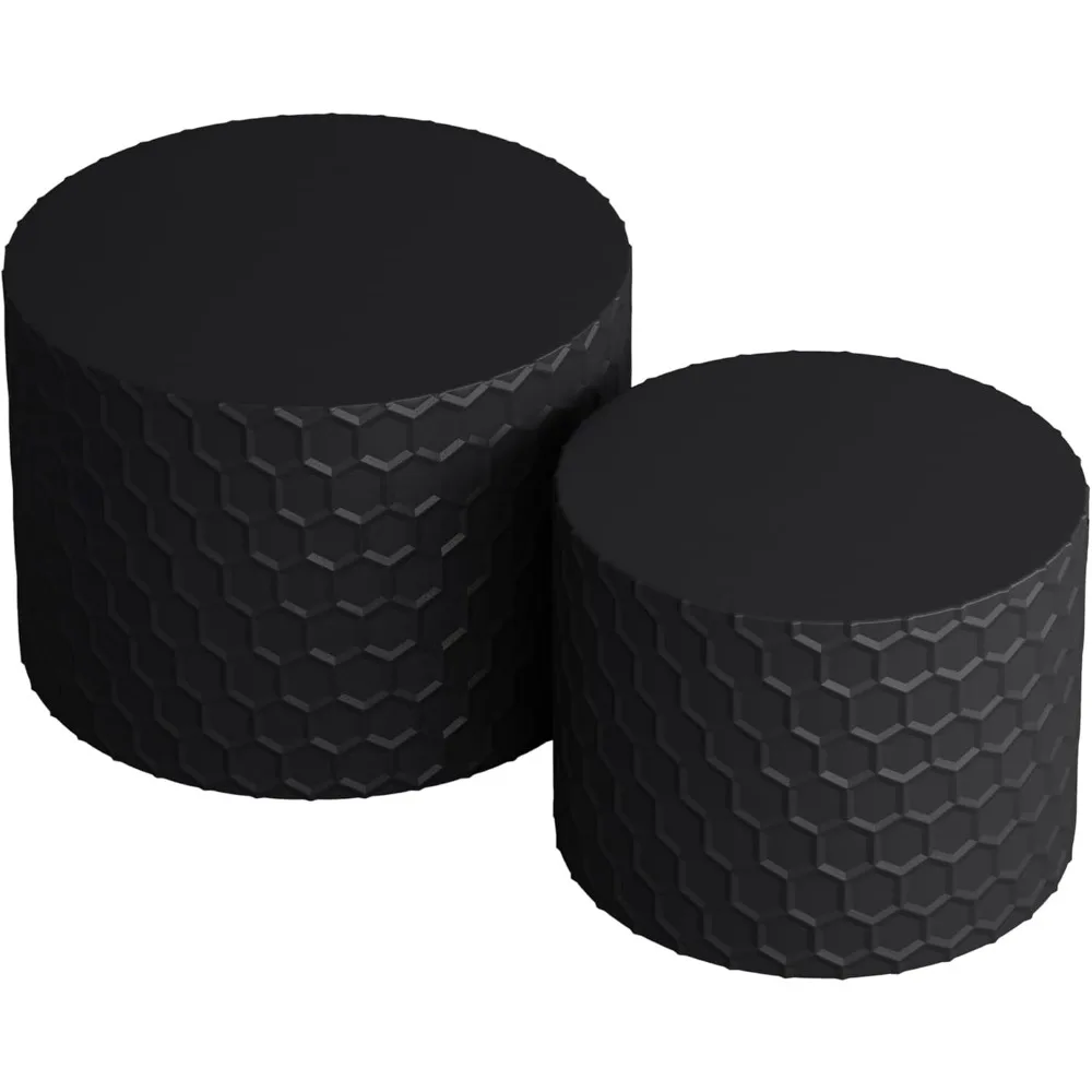 Black Round Nesting Coffee Table Set of 2, Modern Circle Drum Coffee Table Side Table End Table for Living Room, Wood Circle Co
