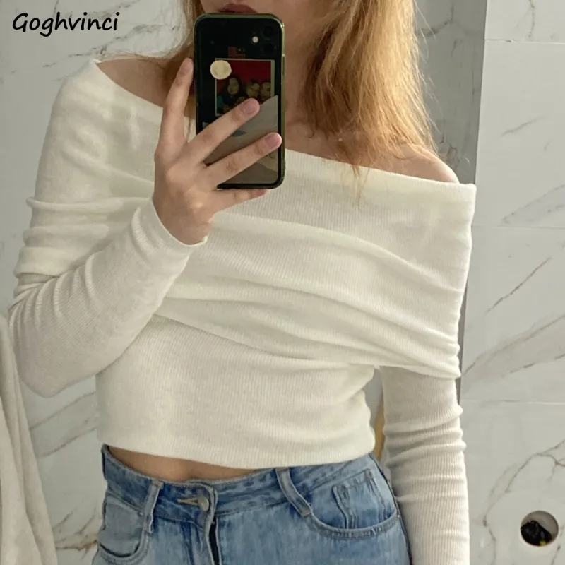 Knitted Pullovers Women Long Sleeve Korean Fashion Off-shoulder Gentle All-match Trendy Chic Popular Spring Autumn Harajuku Slim