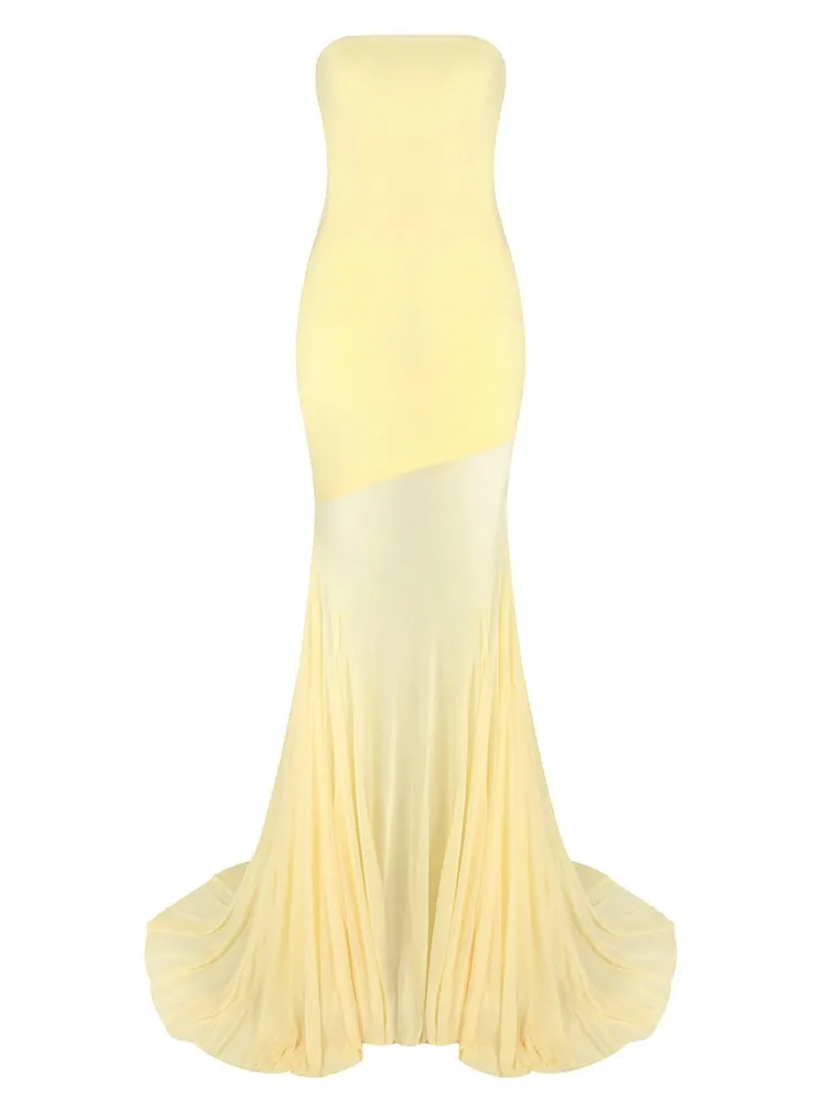 New Women Sexy Strapless Backless Yellow Mesh Maxi Long Dress 2025 Elegant Evening Club Luxury Birthday Party Dresses
