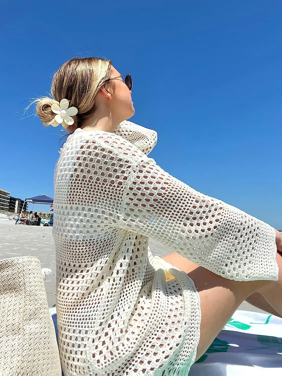 Summer Women Swimsuit Beach Dress Crochet Hollow Out Swim Cover Up Bikini Swimwear Knit Mesh Tunic White Dresses