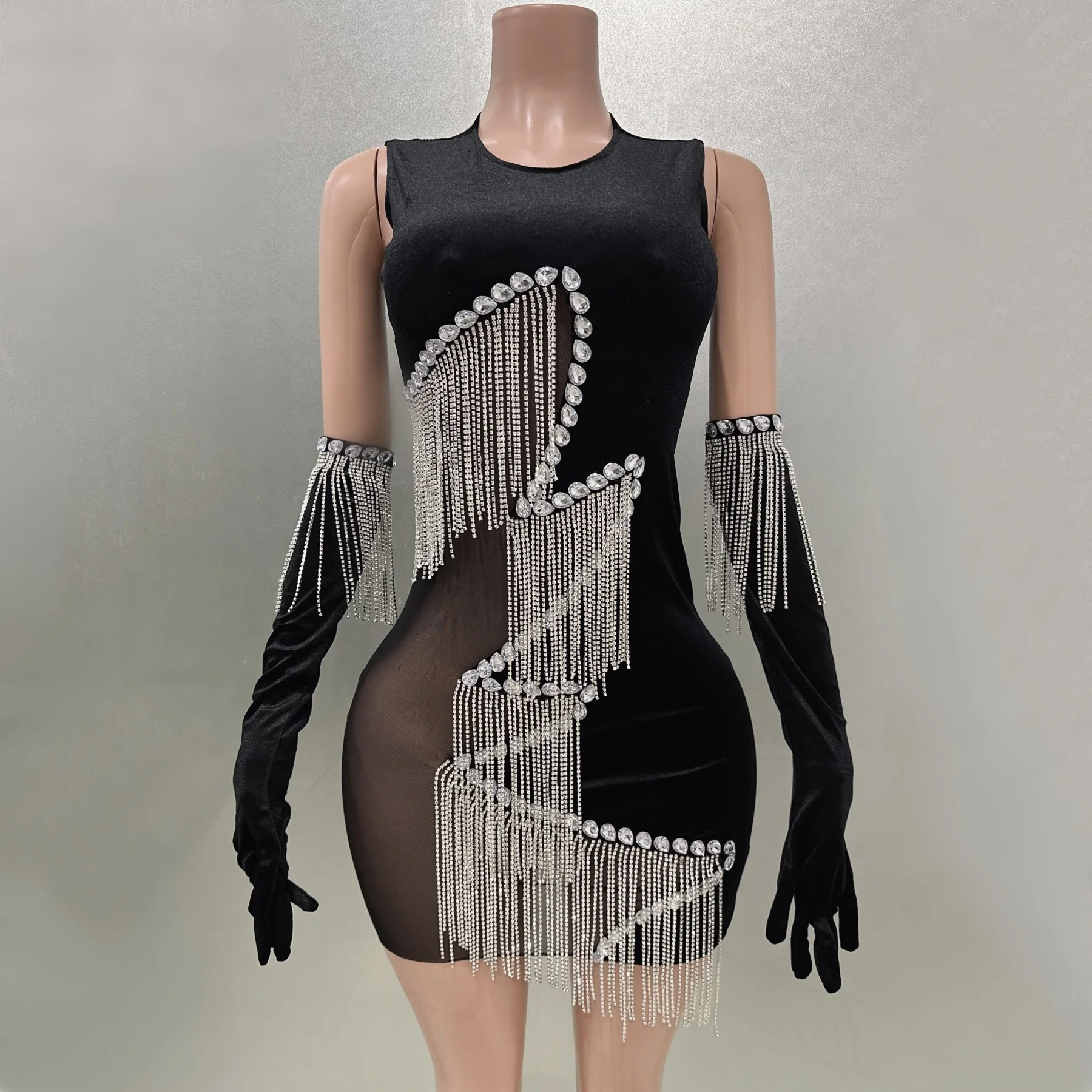 

Black Velour Patchwork Mesh Sexy See-Through Dress Evening Party Dress Bar Nightclub Singer Performance Costume Stage Wear