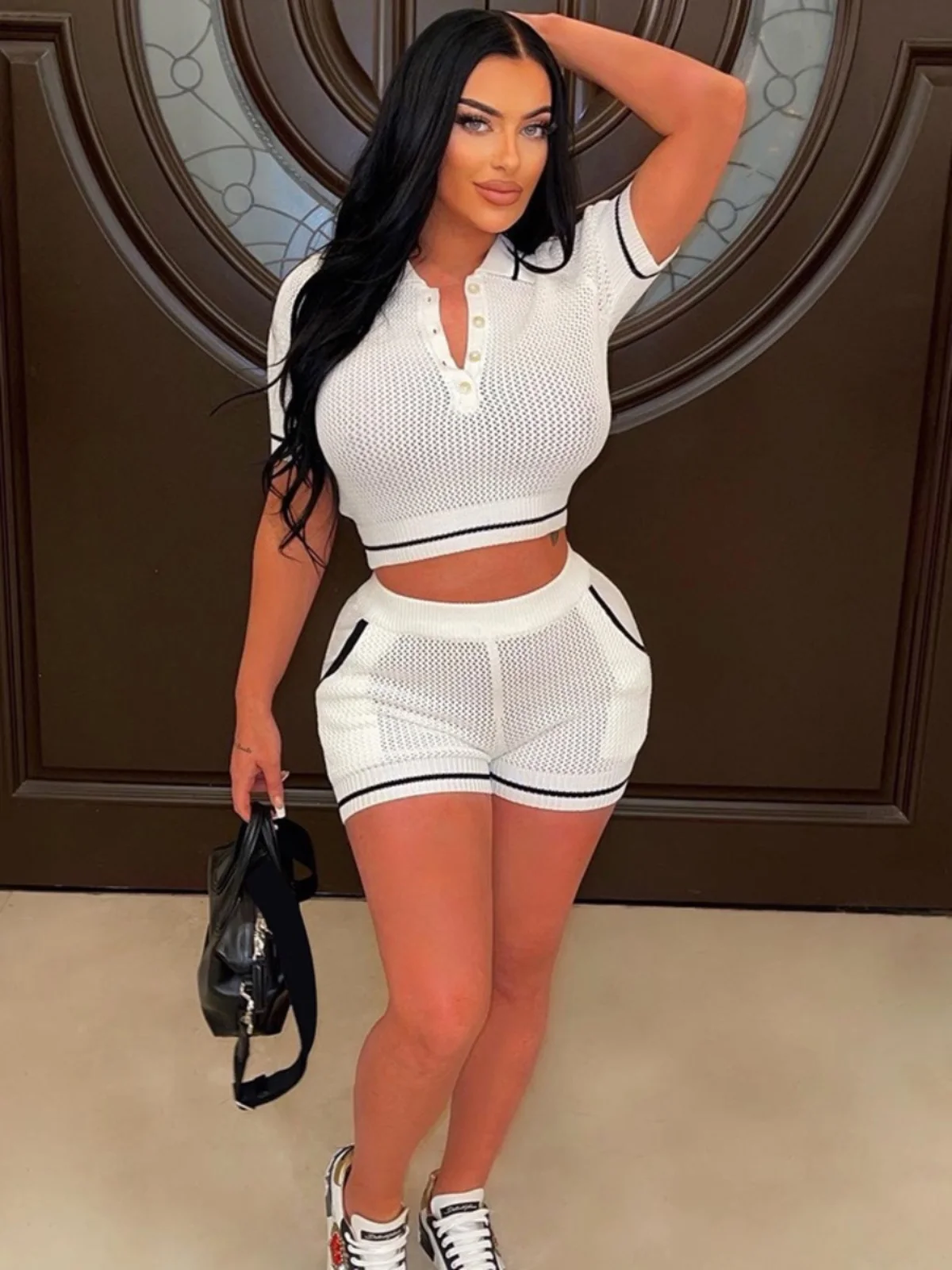 

Streetwear Knit Ribbed Crochet Women's Set Collar T-irt And Pants Casual Sportswear Comfortable Breathable Faionable