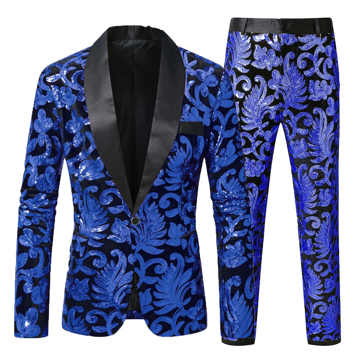 Golden men's stage performance, host sequin styled suit set, fine top + pants. Red, blue, purple can choose