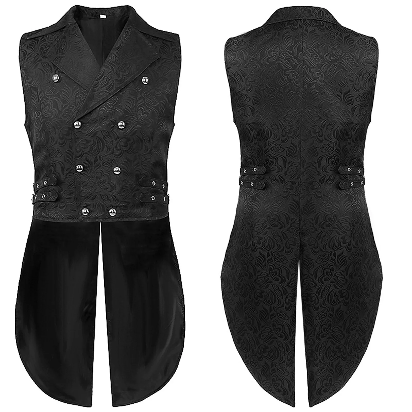 Vintage and Luxury Black Floral Jacquard Men\'s Waistcoat Tailcoat Fashion Slim Fit Steampunk Gothic Vest Jacket Party Costume