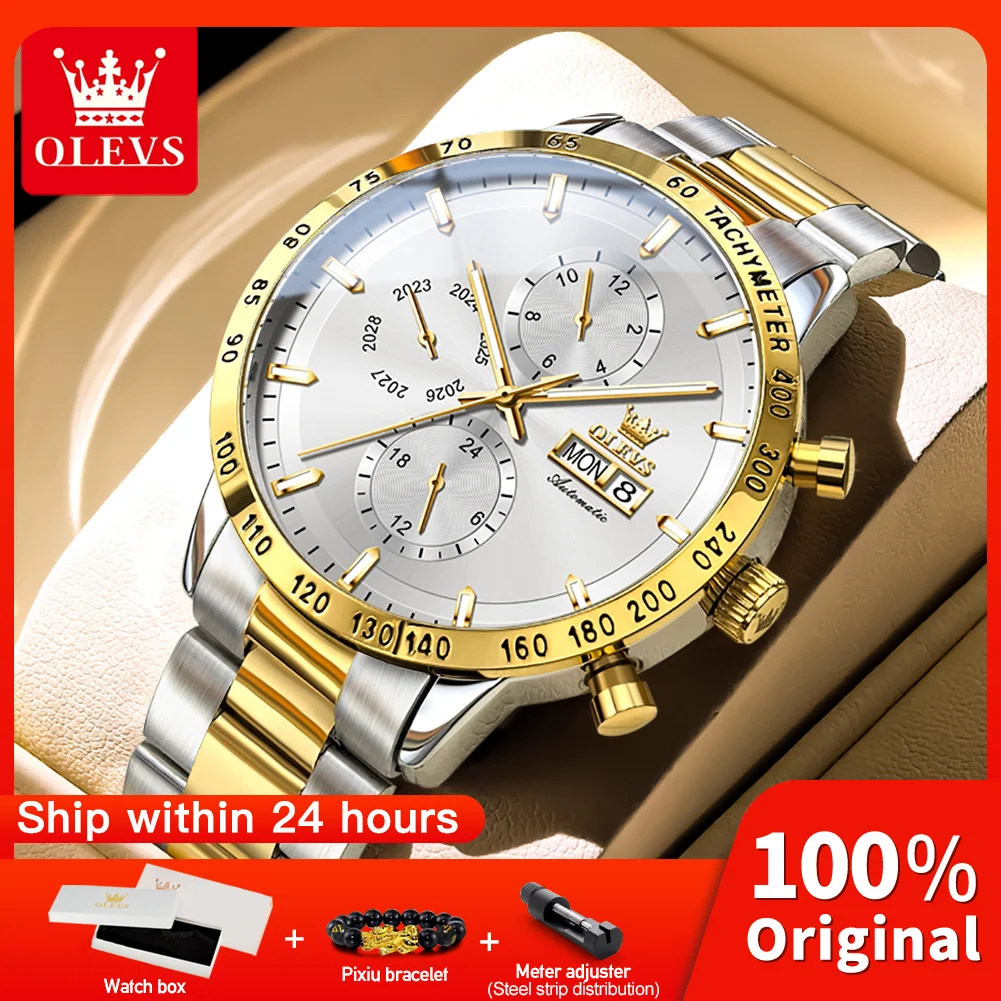 

OLEVS 6683 Mens Watch Luxury Automatic Mechanical Movement Waterproof Watch Dual Calendar Design Multifunctional Chronograph