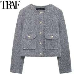 TRAF Grey Cropped Jackets Women 2024 Wool & Blends Autumn Winter Women Long Sleeve Elegant Casual Short Bomber Jacket Outerwears