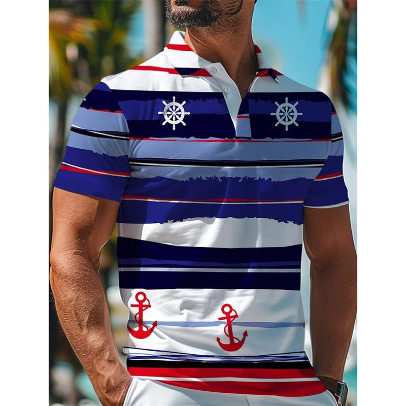 3D Printed Striped Anchor Polo Shirt For Men Color Block Pattern T-Shirt Summer Casual Lapel Tops Loose Short Sleeve Street Tees