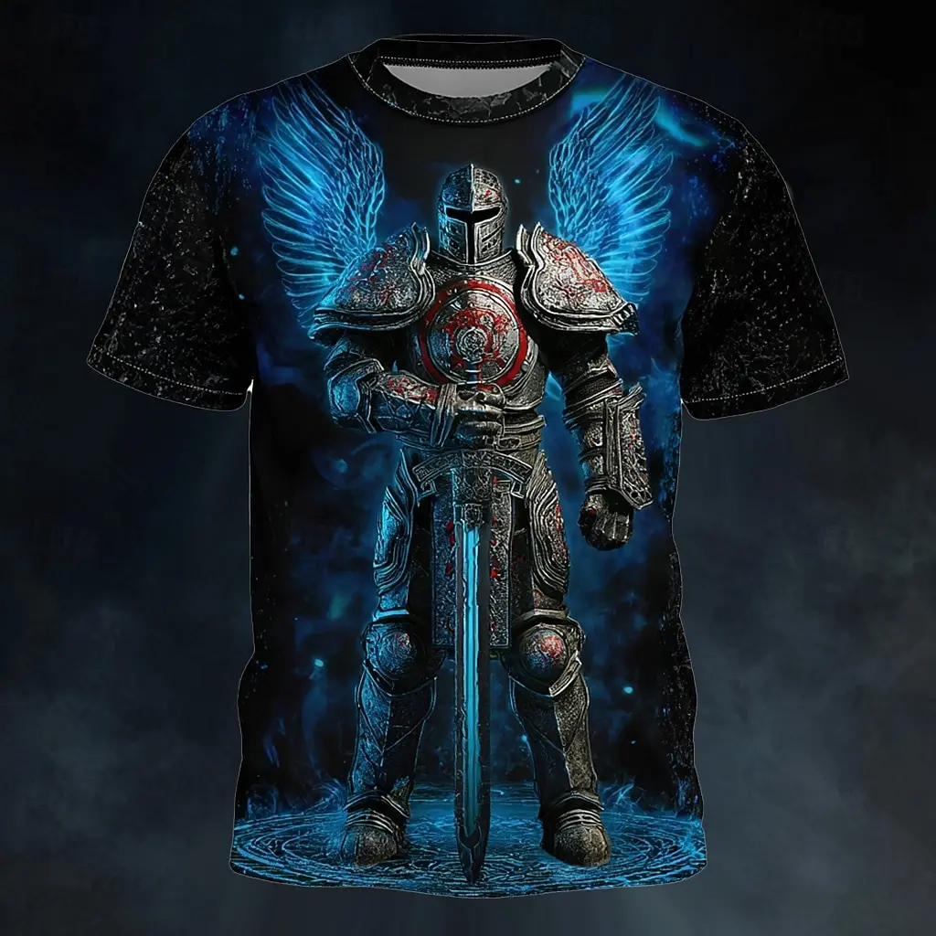Men's Fantasy Winged Knight Sword Graphic T-Shirt Gothic Mystic All Over Print Streetwear Casual Tee for Spring & Summer