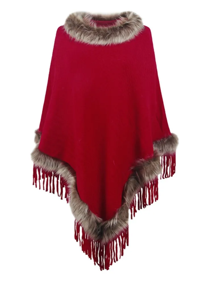 

Women New Knitted Poncho Outstreet Wear Autumn Winter Fashion Tassel Batwing Sleeves Faux Fur Neck Pullovers Capes Overcoat