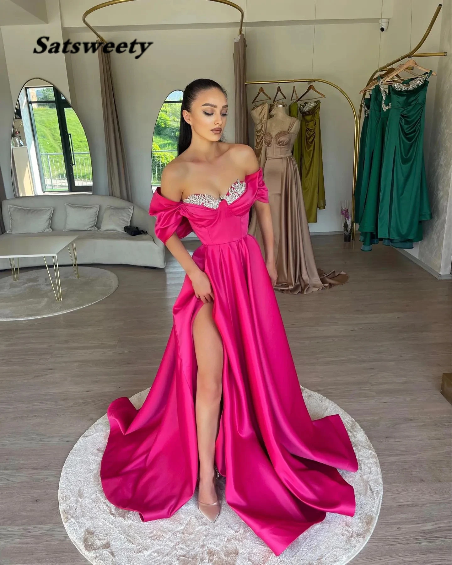 Fuchsia Beaded Prom Dresses Off The Shoulder Side Split Long Party Evening Gowns Women Formal Dress