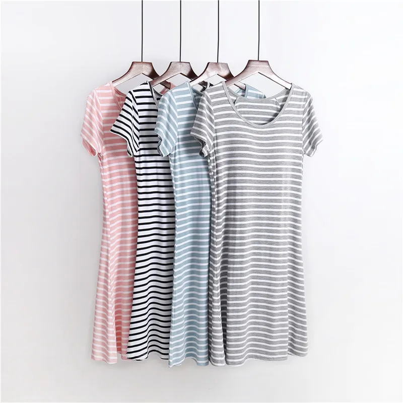 

Summer Modal Nightgown with Chest Pads New Striped Pajamas Women Can Be Worn Outside Short-Sleeved Dress Homewear