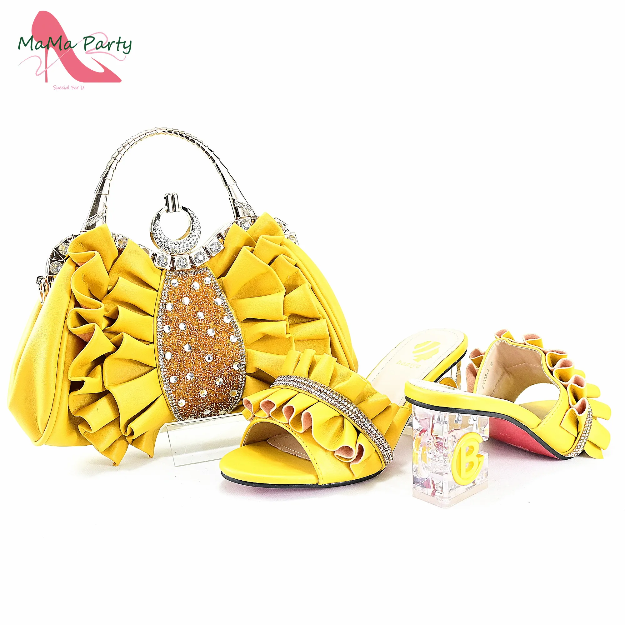 2024 Square Heels New Design Peep Toe Italian Wedding Shoes and Bag Set in Yellow Color Fashion African Slipper For Party