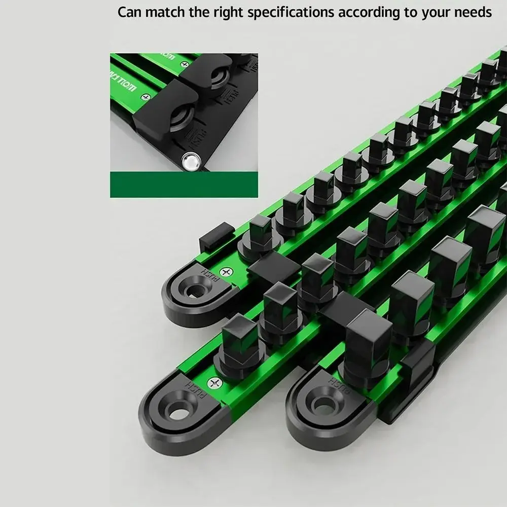Magnetic Sleeve Storage Rack 1/4 3/8 1/2 Inch Green Socket Clip Rail Holder 360° Rotating Plug Plate Heavy Duty Socket Rack