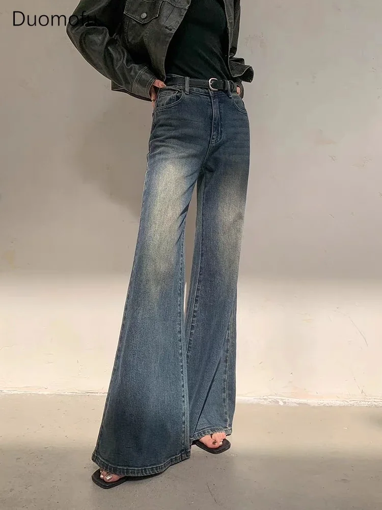 

Duomofu Autumn Vintage Distressed Chic Flare Loose Women Jeans New Simple Full Length Fashion High Waist Slim Casual Female Jean