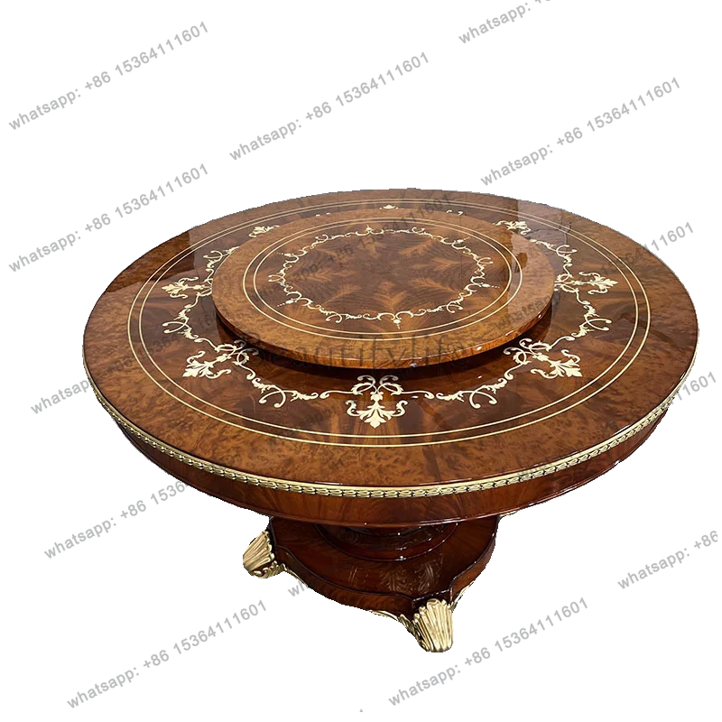 

Round dining table mahogany veneer parquet inlaid shell villa household dining table