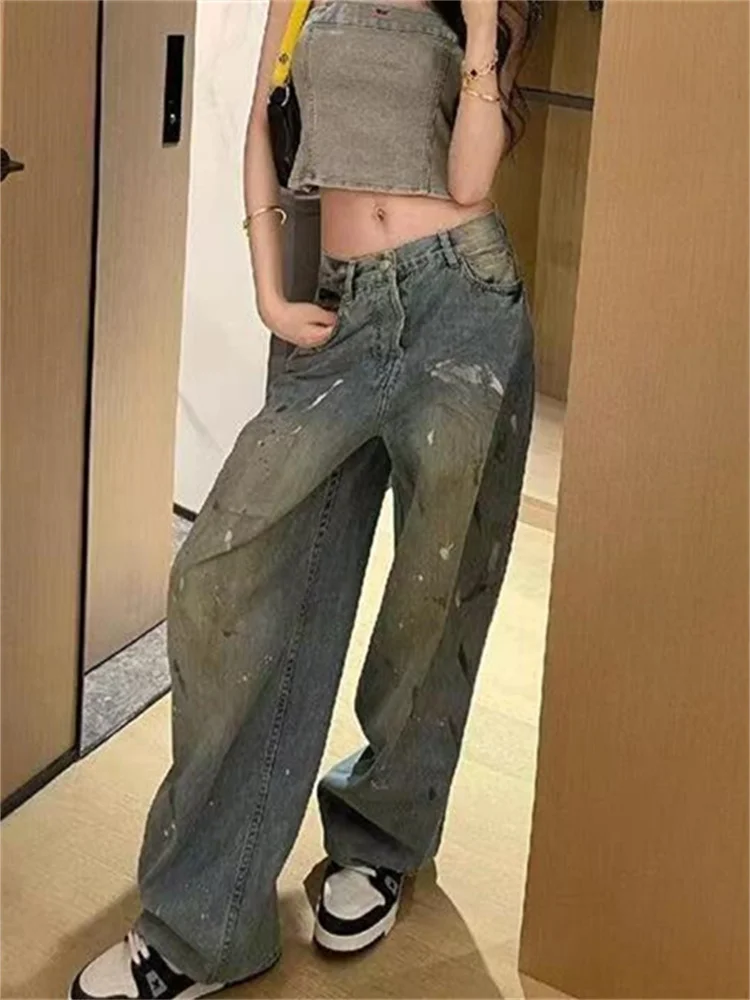 Botvotee スプラッター ペイント ヴィンテージ ウォッシュ ジーンズ ハイウエスト バギー グラフィティ デニム パンツ ポスト アポカリプス ワイドレッグ ドラッグ ヘム ジーンズ