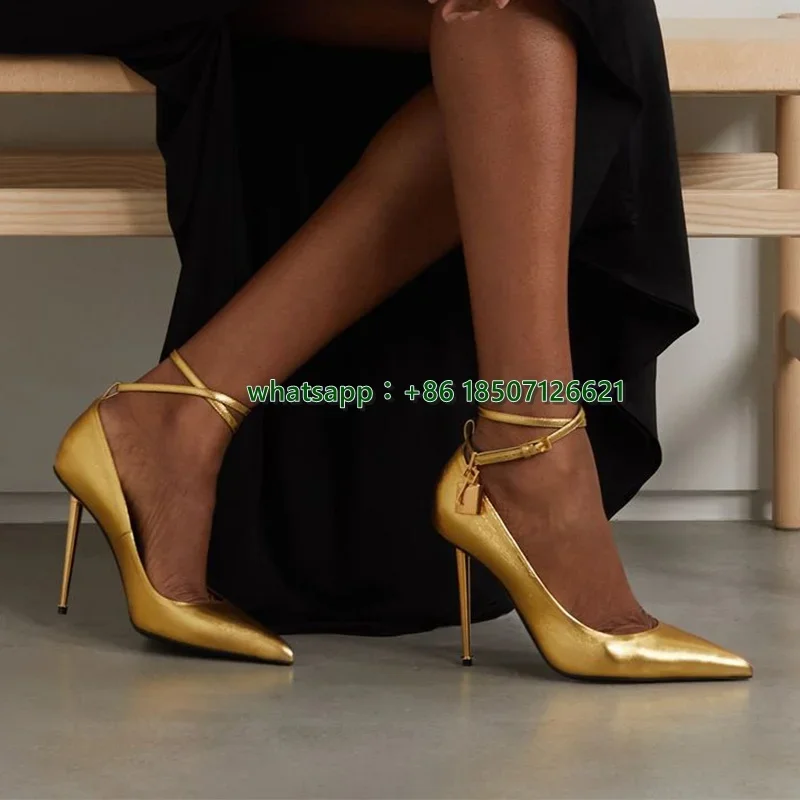 

Gold Ankle Buckle With Lock Decoration Metal Heel High Heels Pointed Toe Stiletto Solid Color Pumps