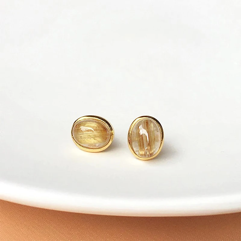 Natural Stone Stud Earrings Gold Rutilated Quartz Crystal Oval shape Beads Gold Color Fashion Ear Jewlry for Women Earrings