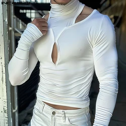 Casual Fashion Style Tops INCERUN 2024 Men's Hollow Knitted Tight T-shirt Sexy Solid Comfortable High Neck Long Sleeved Camiseta