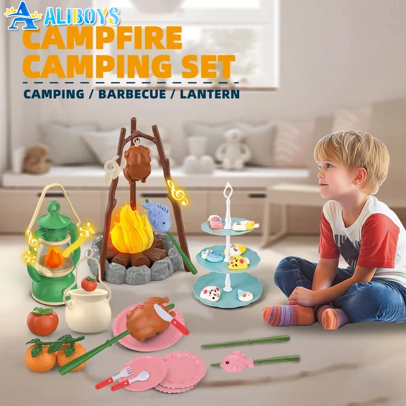 Outdoor Camping Tent Set Barbecue Fire Piles Torches Miniature Food Model Interactive Game Indoor Role-Play Toy Kid BirthdayGift
