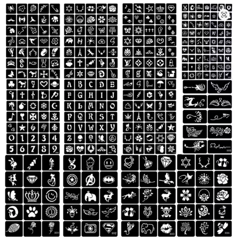 

343 шт., 12 листов, маленькие многоразовые трафареты для тату, инструмент для боди-арта, временные трафареты для аэрографии, наклейки для рисования на теле, для вечеринок