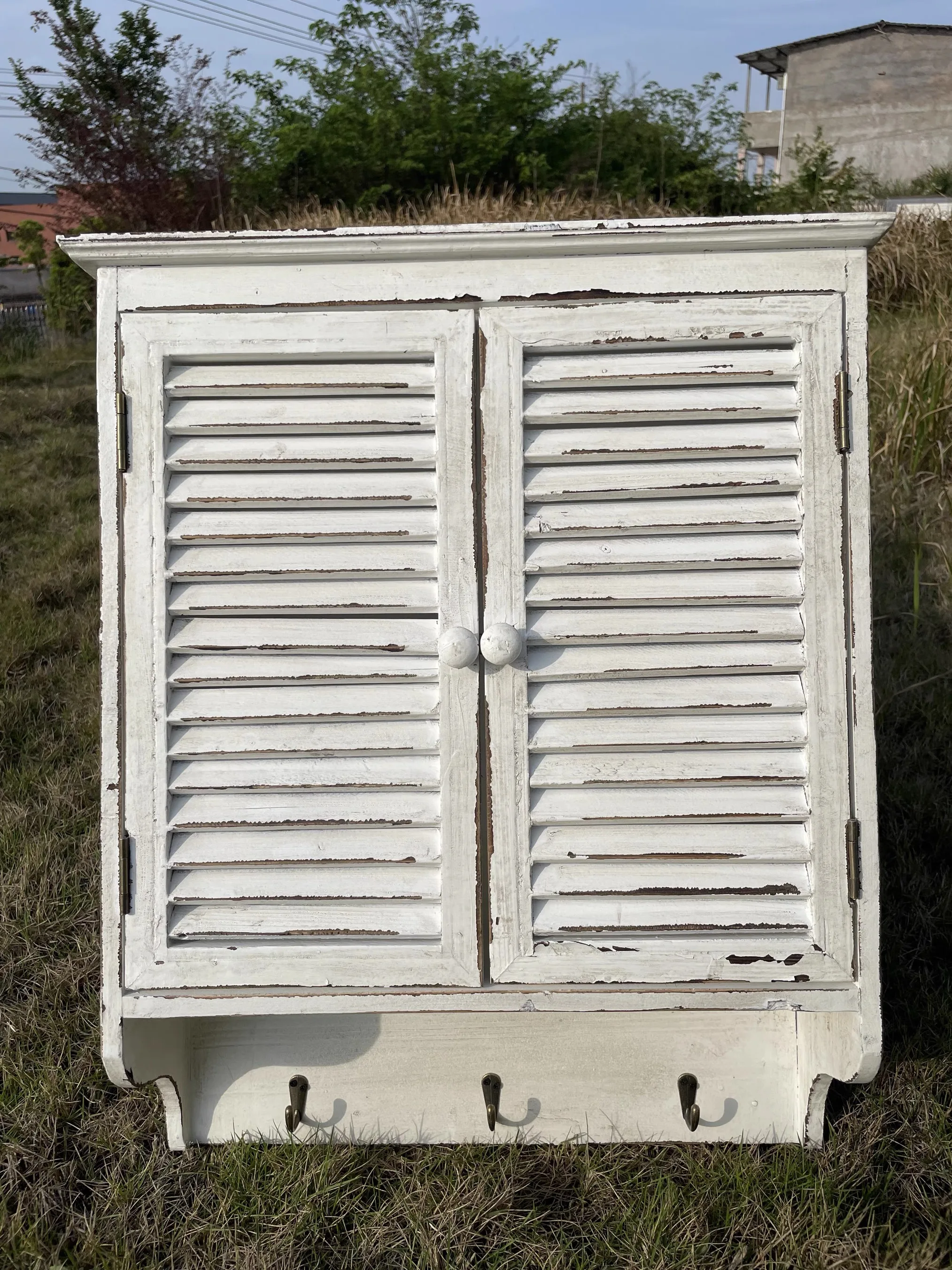 Vintage Solid Wood Wall Cabinet with Louvered Double Doors, 3 Hooks, Distressed White Farmhouse Storage Shelf