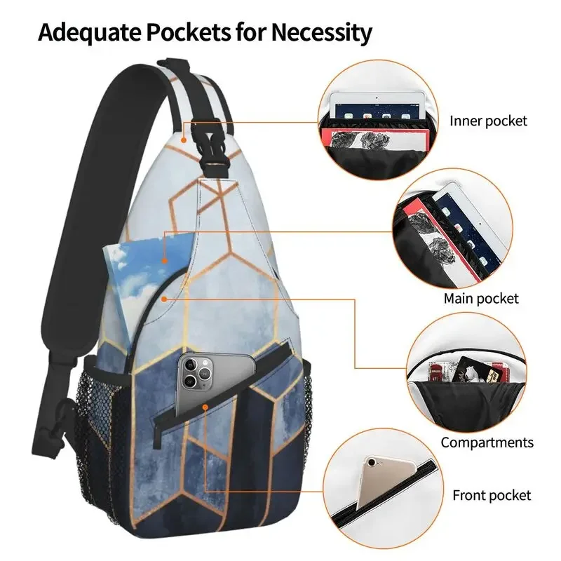 Mochila cruzada con hexágonos azules geométricos para hombre, bolso de hombro con patrón geométrico abstracto para ciclismo, Camping, mochila