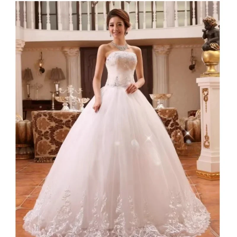 Abiti da sposa economici paillettes bianche Tulle senza spalline ricamo Bling principessa lunghezza del pavimento Plus size abiti da sposa in pizzo XN059