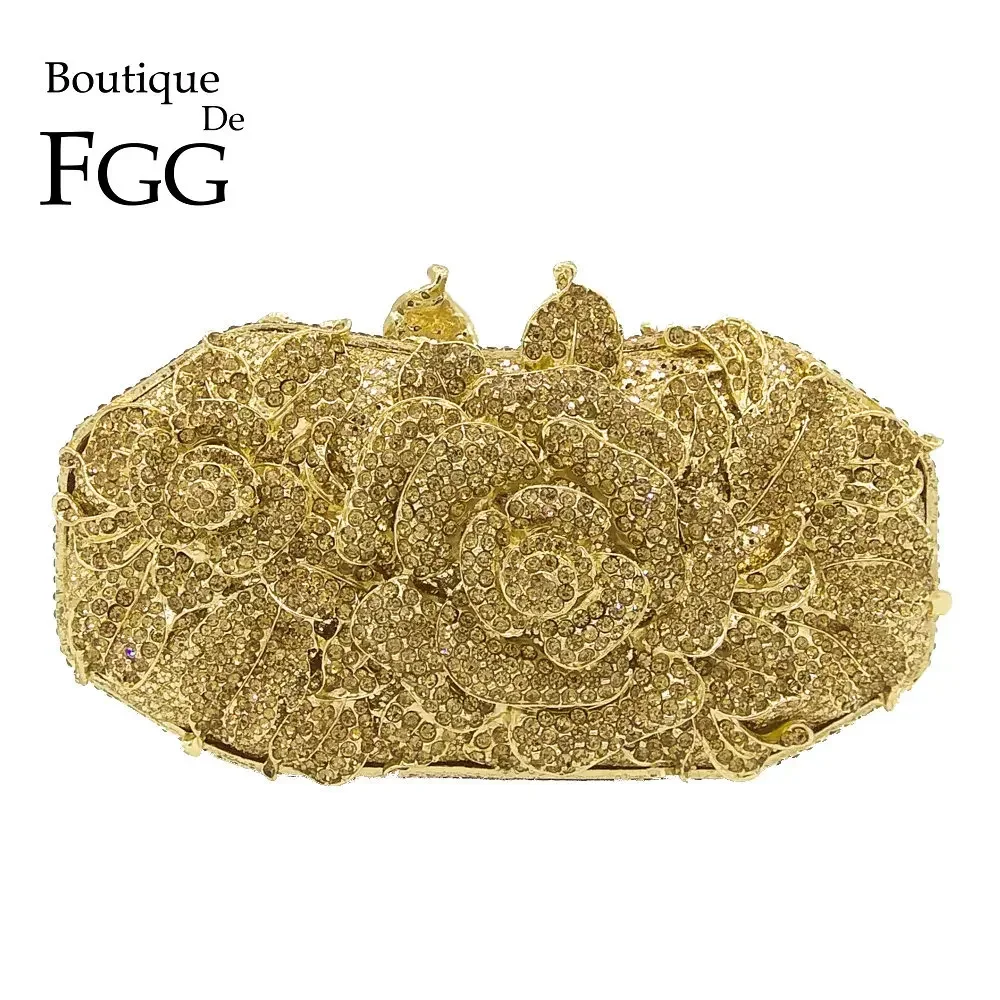 

Boutique De FGG Elegant Gold Flower Evening Bags and Clutches for Women Formal Party Rhinstone Handbags Bridal Rose Clutch Bag