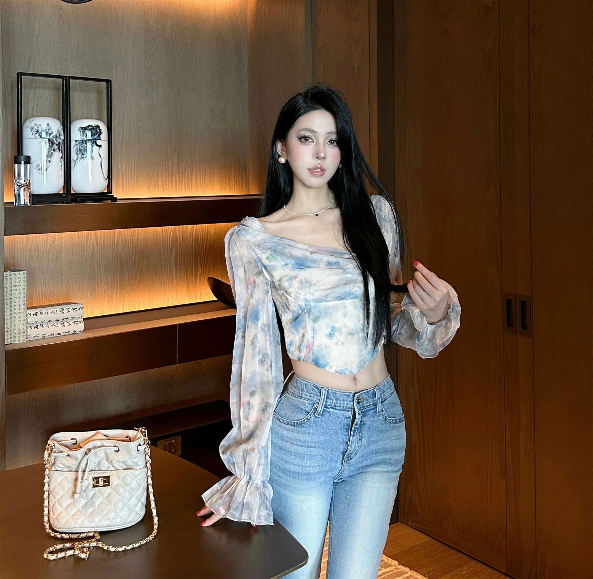 

Spring New Design ort Svel Floral Long Sve Women's Chiffon irt Square Collar Commute Sle Korean Slim Fit Blouse