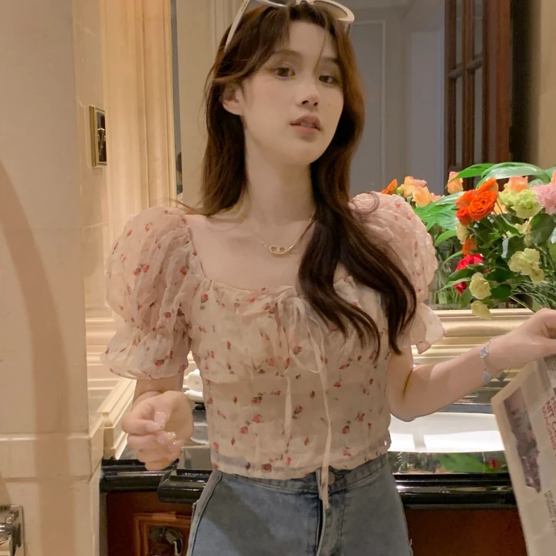 Puff Sleeve Blouses Women Hotsweet Floral Young Beach Style Casual Y2k Tops Fashion Summer Ulzzang Daily Ins All-match Simple