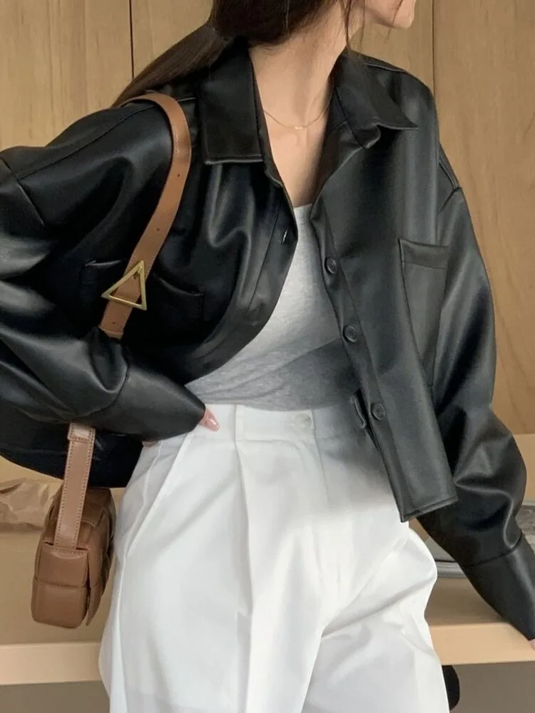 Faionable Bla ort Casual Women's irt Leather Jaet Vintage Versatile Autumn Top Straight Tube PU Leather Long Sve