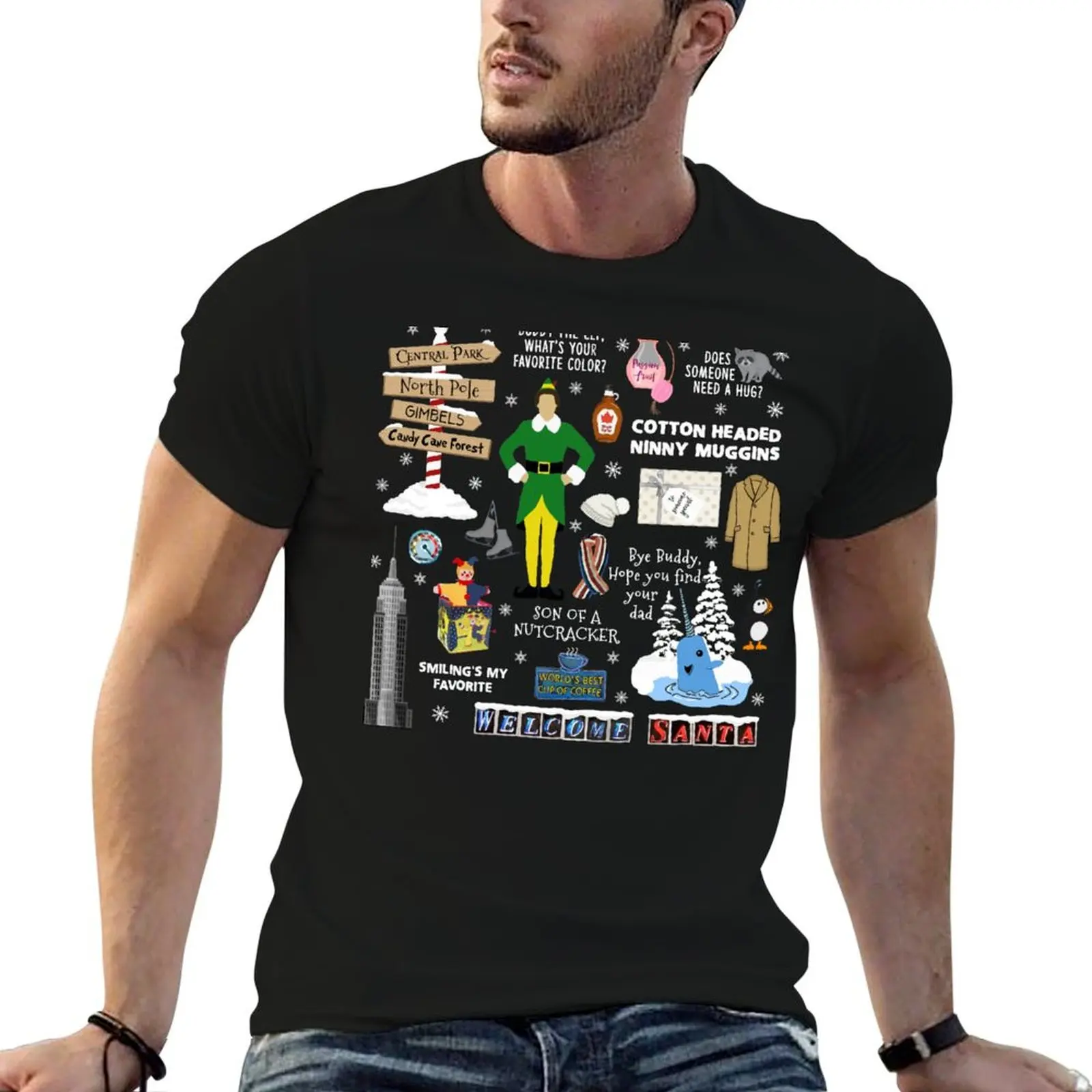 Buddy the Elf collage, Red background T-Shirt t shirts cotton 100% t shirt man plain t shirt personalised T-shirt