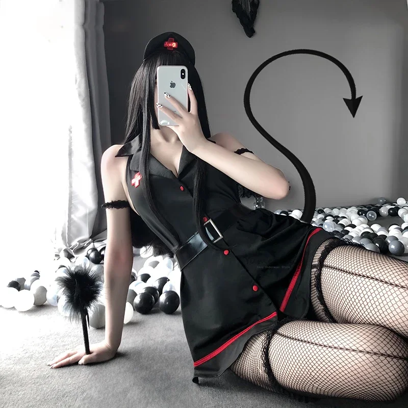 

White Black Sexy Erotic Nurse Uniform Female Temptation Playful Hanging Neck Cosplay Anime Kawaii Lingerie Set Exotic Apparel