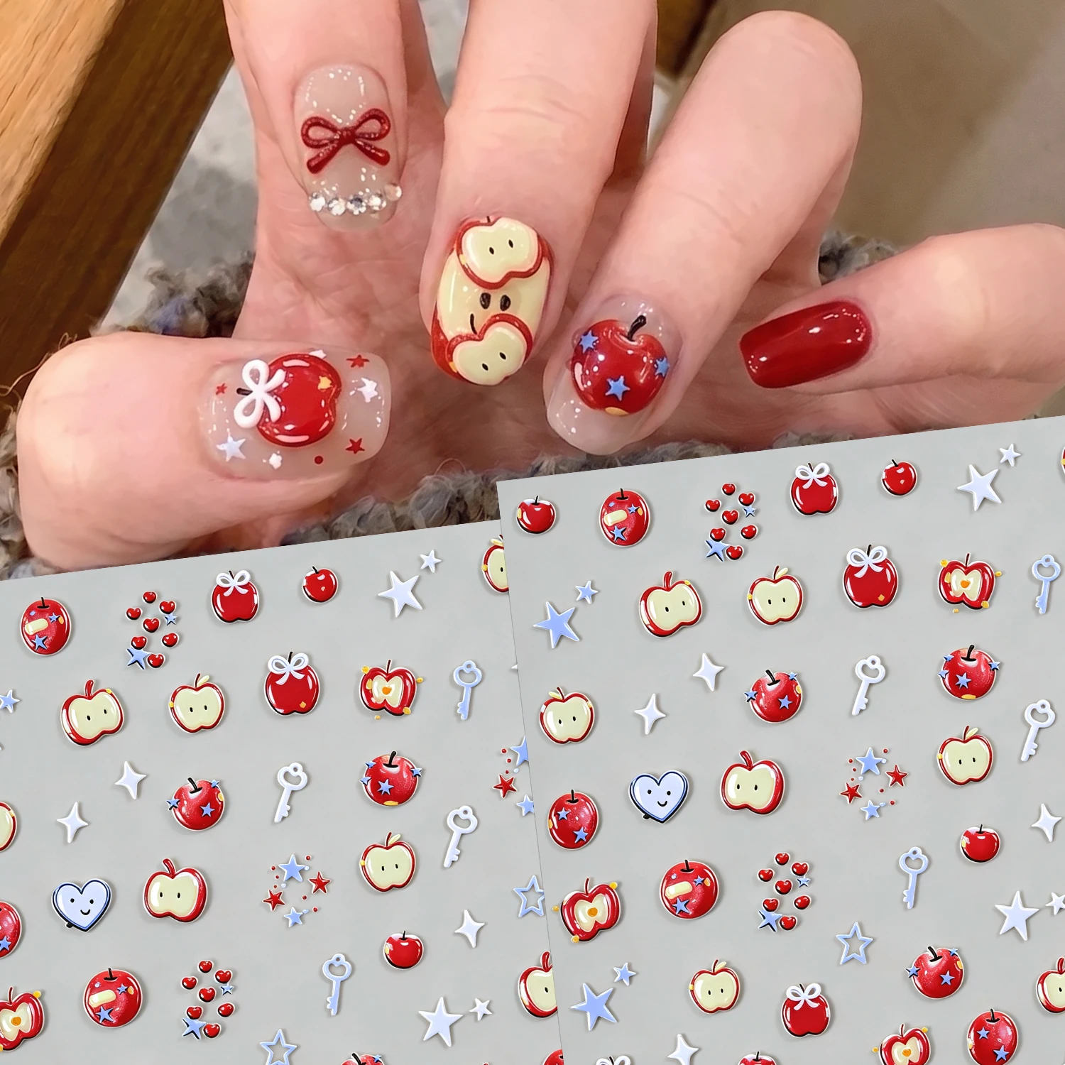 5D Embossed Red Apple Cute Fruit Nail Sticker Apple Slices Bow Star Self-adhesive Manicure Decals DIY Korean Kawaii Nail Art Dec