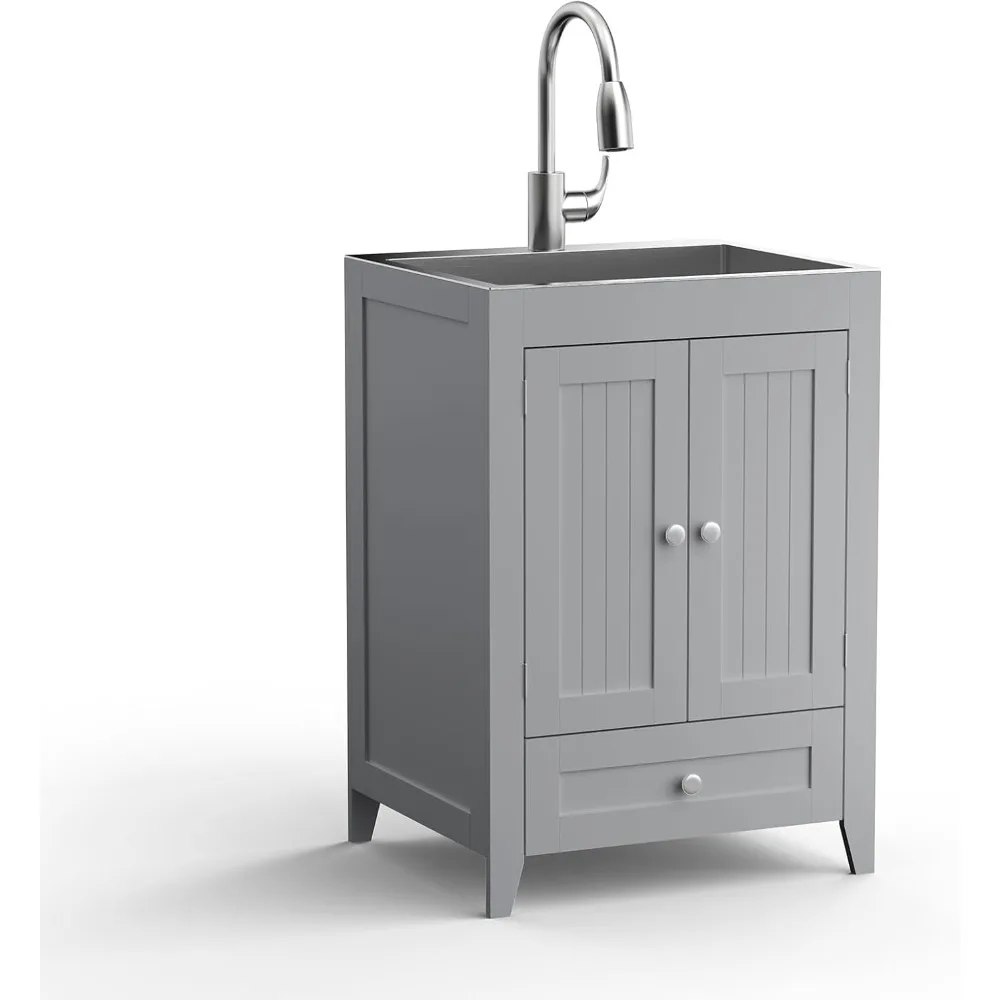 

24-Inch Laundry Sink with Cabinet and Pull-Out Sprayer Faucet, Stainless Steel Utility Sink with Cabinet, Grey Cabinet with Sin