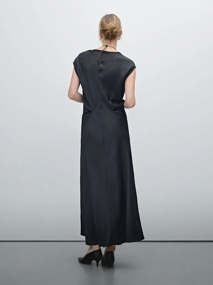 Robe longue en Satin pour femmes, dr dr dr drapée, haut de gamme, ort Sve, ligne a, couchée à la taille, ronde Ne, nouvelle collection été