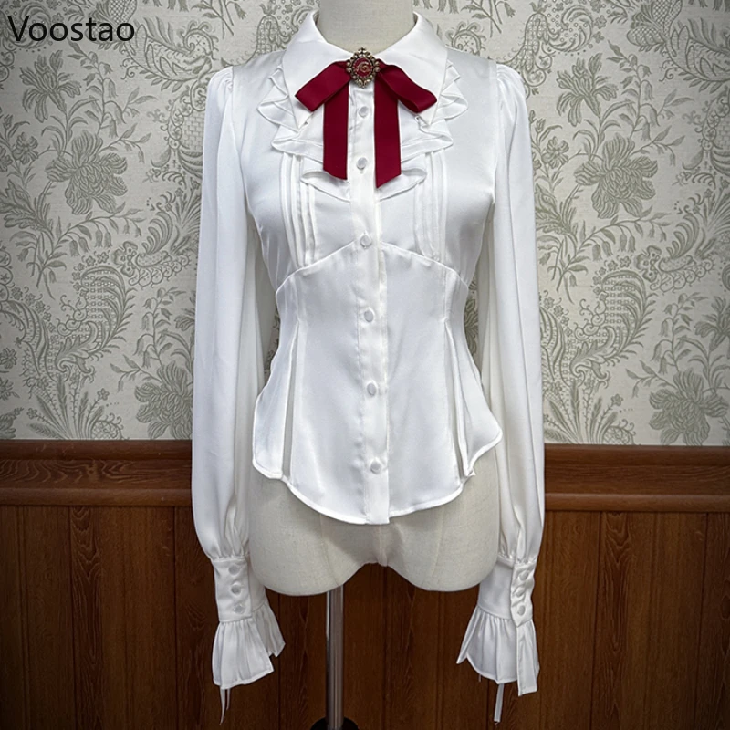 Victorian Gothic Lolita Shirts Women Japanese Vintage Y2k Ruffles Gigot Sleeve Slim Blouses Female Elegant Sweet Princess Shirts