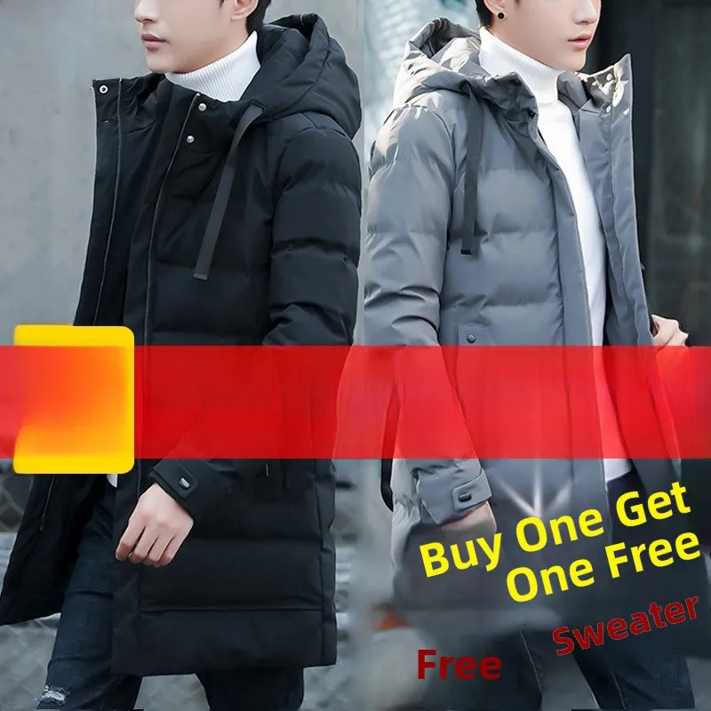 

Men's Thiened Mid-Length down Cotton Jaet Hooded Outerwear Winter Coat Polyester Fiber Long Sve Pure Color Casual Wear