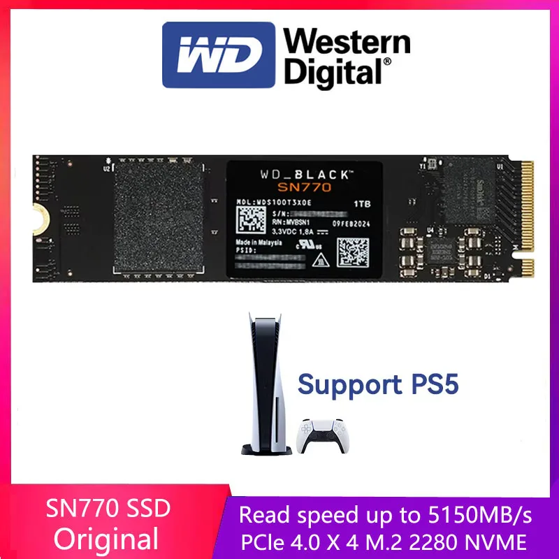 Western Digital WD BLACK SN770 NVMe SSD 2TB 1TB 500GB 250GB Internal Gaming Solid State Drive Gen4 PCIe M.2 2280 For PC PS5