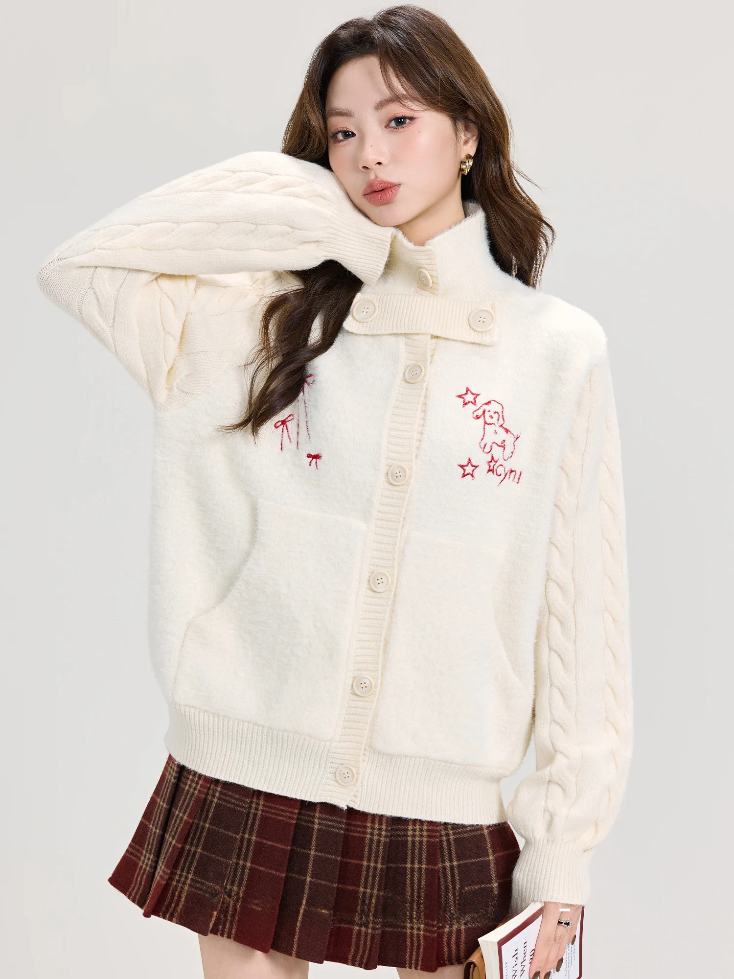 

Thiened ort вязаный свитер пальто для женщин Sweet Sle зимний сезон внутренний хлопковый наполнитель белый дизайн кардиган