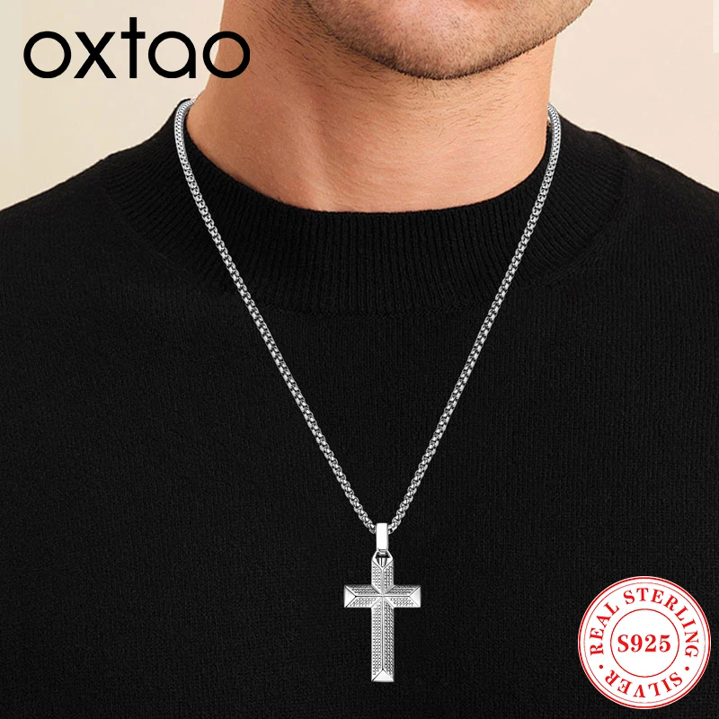 

OXTAO for Men Women 925 Silver Cross Necklace Stainless Steel Rollo Chain Silver Color Plain Cross Pendant Collar Hiphop Jewelry